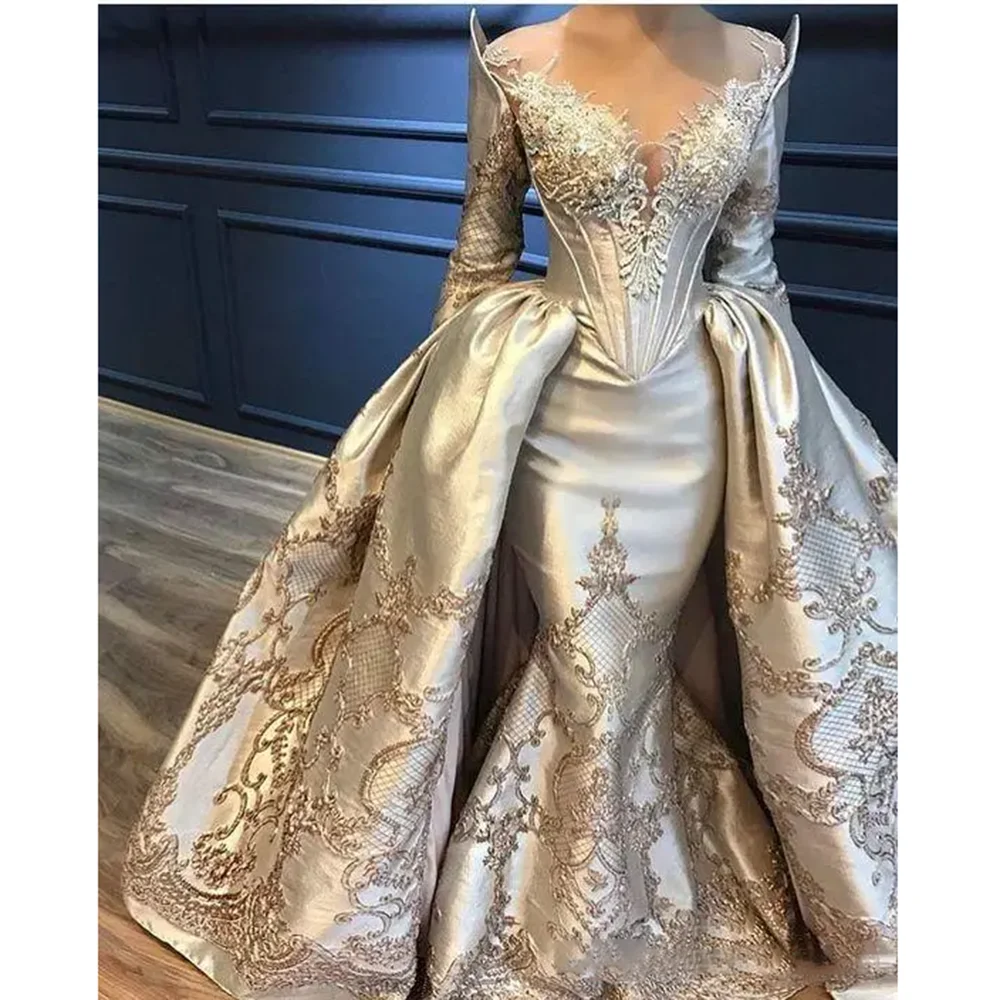 

Fashion Sweetheart Lace Appliqued Prom Dresses Fashion Long Sleeve Beads Sequined Mermaid Gowns Formal Evening Party Dresses