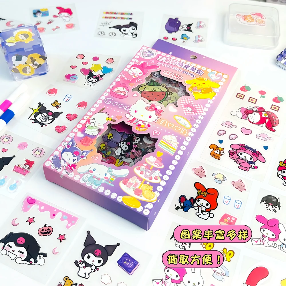 96 pz/scatola Serie Sanrio Trasparente PET Adesivi Carino Kuromi Cinamonroll Cartoon Decalcomanie Scrapbook Laptop Telefono Adesivo Giocattolo Per Bambini