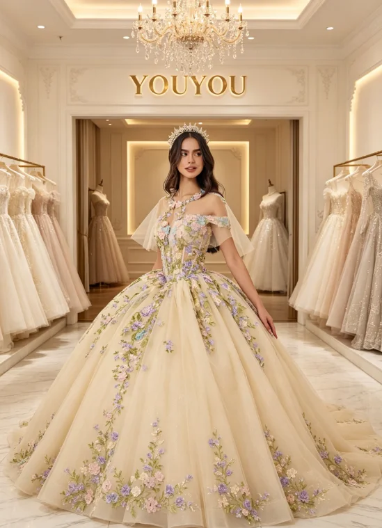 Customized champagne Quinceanera Dresse delicate Colorful flower stickers Detachable cloak Prom Gown vestidos de 15 quinceañeras