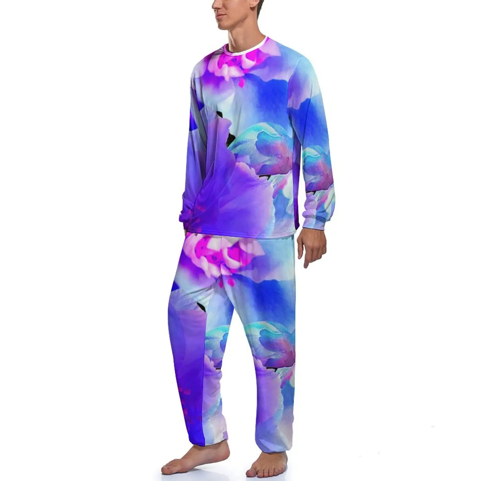 Abstract Flower Print Pajamas Spring 2 Pieces Blossom Blooms Warm Pajama Sets Men Long-Sleeve Aesthetic Printed Sleepwear