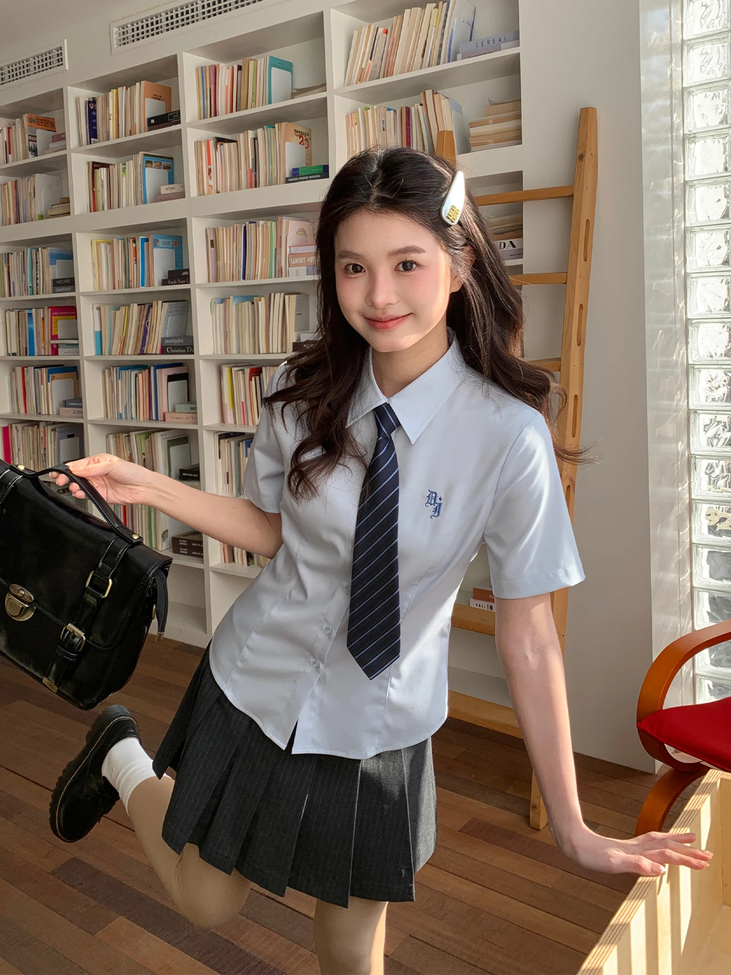 

Original Tokyo Seasonal Record JK Uniform Blue Short Sleeve Waist-Cinching Women's Shirt Summer Small Size Moon Glory High