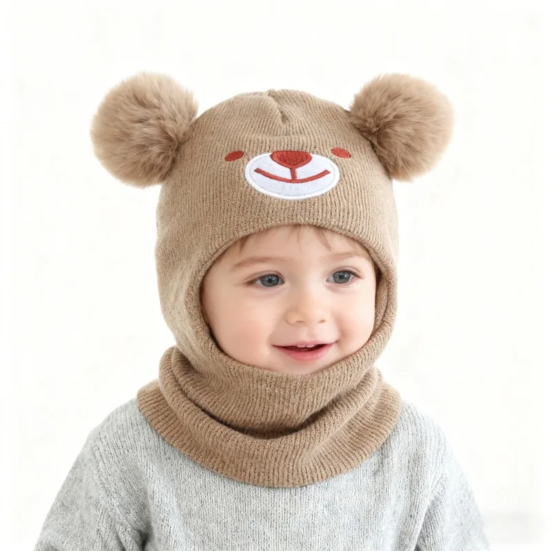 1 PCS 0-3Y Newborn Black Bear Embroidery Balaclava Ski Mask Toddler Beanie Double Balls Baby Girls Boys Beanies Kids Winter Hats