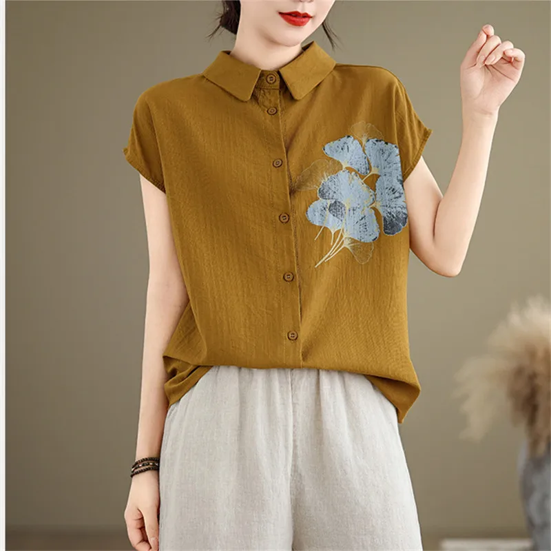 Shirts for Women 2024 Summer Cotton and Linen Retro Printed Large Size Solid Color Temperament Loose Short Sleeve Tops Blouses