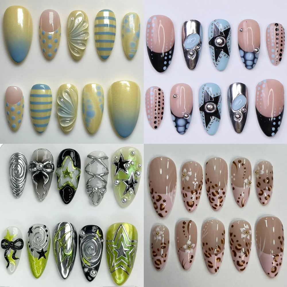 

10Pcs Sweet Cool Metal Punk Style Almond Long Stiletto Handmade Fake Nails Polka Point Bowknot Leopard Print Press On Nails Gift