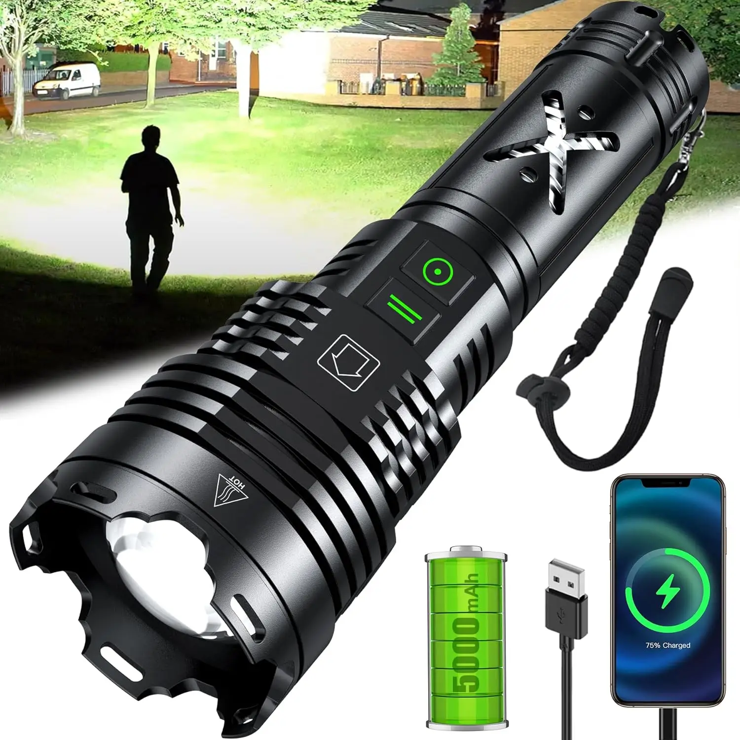 

5800 Lumens Rechargeable LED Flashlight, 24H Battery Life, 6 Modes, IP67 Waterproof for Camping & Home Use