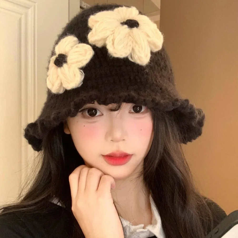 

Sweet Korean Style Crochet Flower Knitted Hat Handmade Cute Flower Weave Cap Hollow Out Warm Bowknot Beanies Hat Autumn/winter