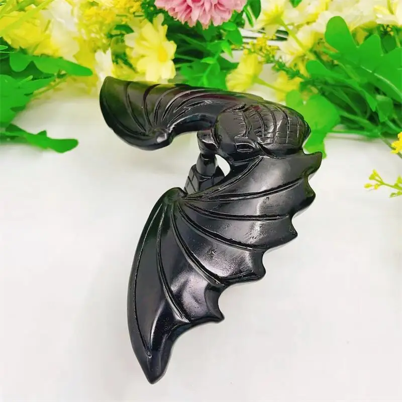 

16CM Natural Black Obsidian Balance Bat Crystal Carving Crafts Healing Energy Stone Office Learning Toy Kid Toy Gift 1pcs