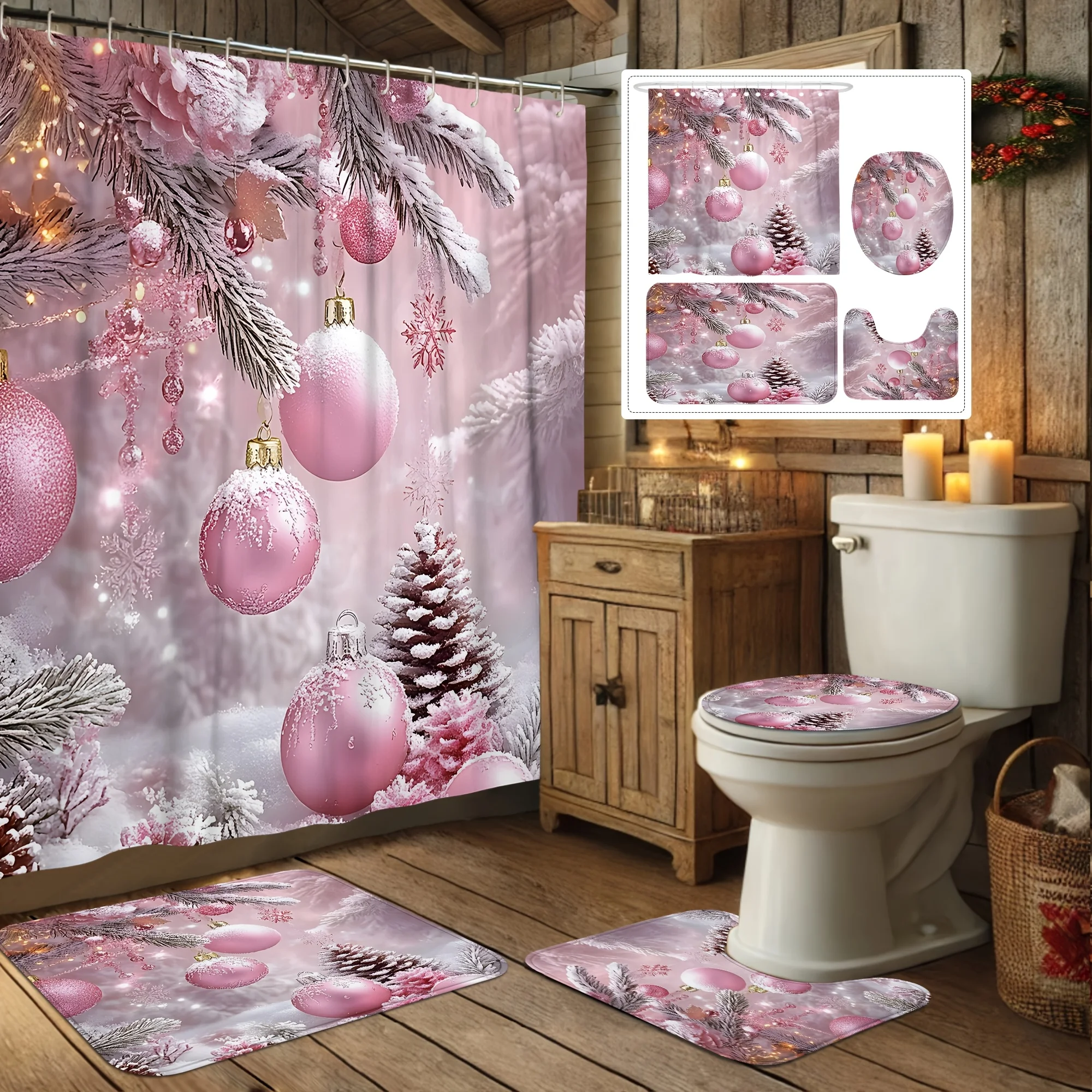 

4PCS Merry Christmas Shower Set – Ball & Holly Pink Print 12 Hooks Non-Slip Mat U-Seat Cover Holiday Bathroom Decor