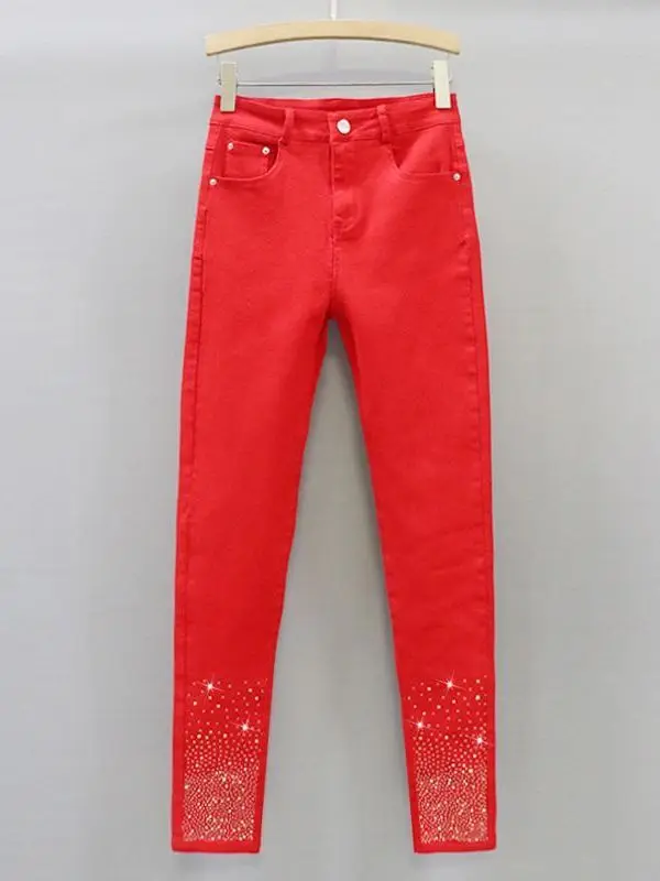 

Fashionable Diamond Embellished High Waist Slim Fit Stretchy Women's Jeans Spring Summer New Style Elastic Ankle Length Penci...
