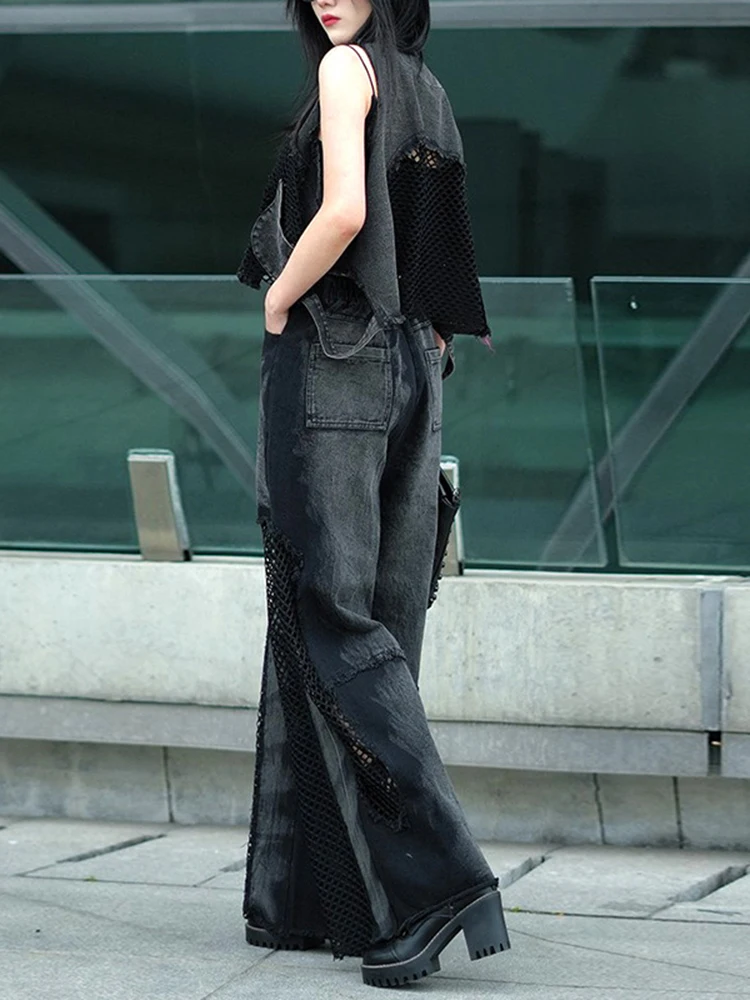 [EAM] Big Size Denim Vest Wide Leg Pants Two Piece Suit New V-Neck Sleeveless Women Fashion Tide Spring Autumn 2024 1DH8289