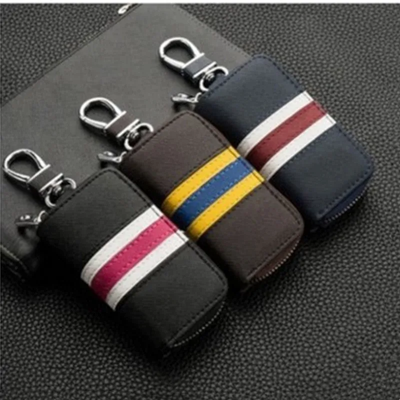 Universal Car Key Color Stripe Bag Cover Case PU Leather Key Wallet Large Capacity Unisex KeysBag Car Keychain Accessories