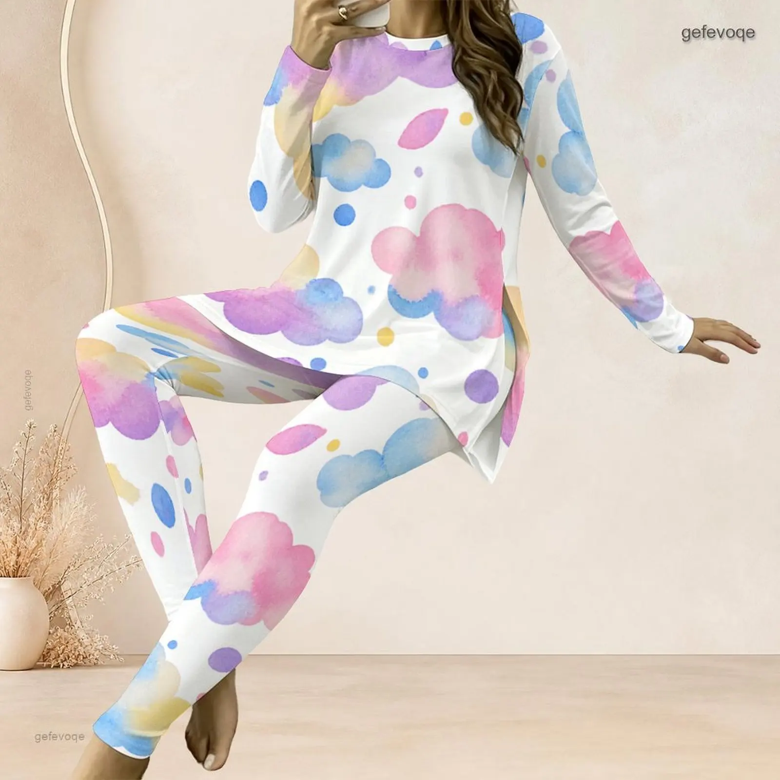 Women Printed Abstract Lightning Brush Pattern Round Neck Long Sleeve Top And Leggings Two Piece Set