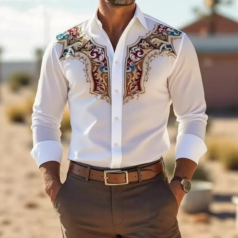 خمر 3D زهرة مطبوعة نمط قميص الرجال طويلة الأكمام زر طوق عارضة قميص الخريف أزياء الرجال الشارع في الهواء الطلق قميص