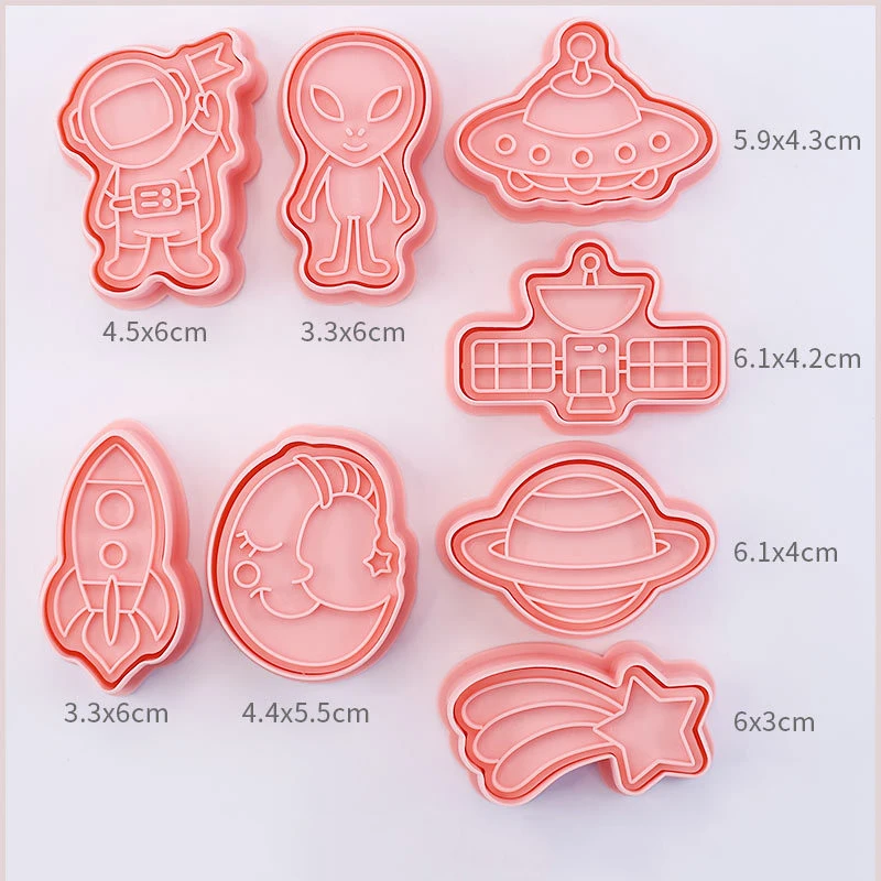 8 Pcs/set Outer Space Astron Cookie Cutter Plastic 3D Cartoon Pressable Biscuit Mold Cookie Stamp Kitchen Baking Pastry Bakeware