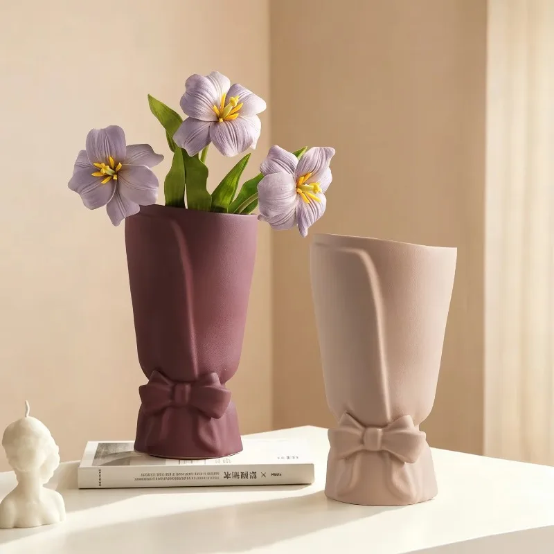 

Matte Solid Tone Bouquet Shaped Bloom Vessel Embossed Bow Knot Detail Tabletop Dry Flower Display Decor Craft Tapered Wide Top