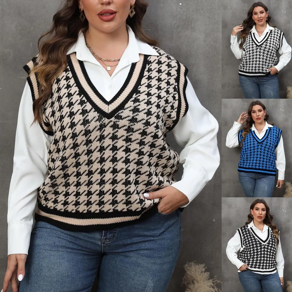

Women's plus Size Vest Striped Contrast Stitching Houndstooth Pattern Casual Top European American Style Fashion
