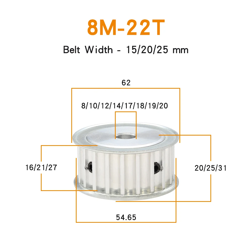 8M-22T Electric Motor Pulley Bore 8/10/12/14/17/18/19/20 mm Alloy Wheels Teeth Pitch 8 mm For 8M Rubber Belt Width 15/20/25 mm