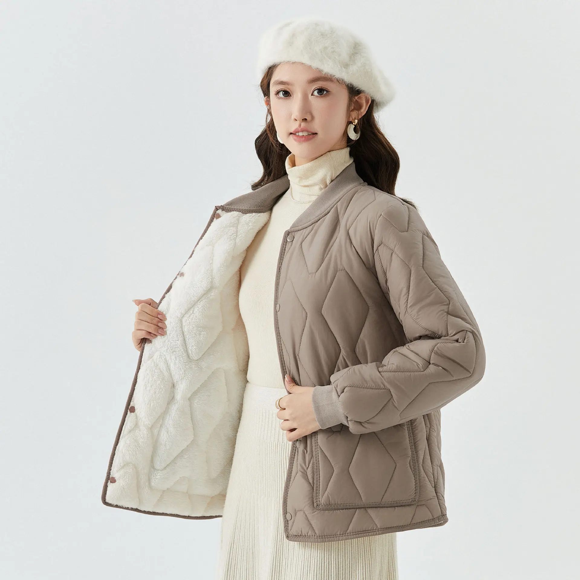 crriflz Women's Winter Warm Cotton Padded Jacket Long Sleeve Fleece Lined Ribbed Collar Couple's Loungewear Coat