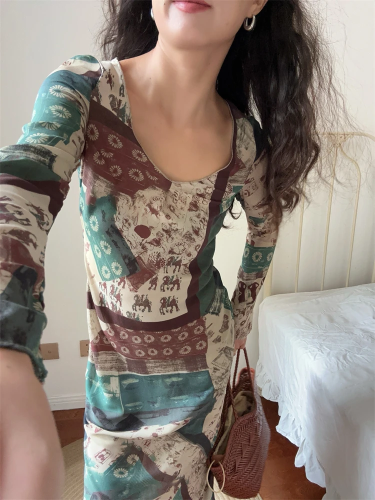 DADANA Retro Lady Middle Ancient Style Printed Long Dress Holiday Style Long Sleeve Inner Wear Dress Soft Non-Stretch U-Neckl...