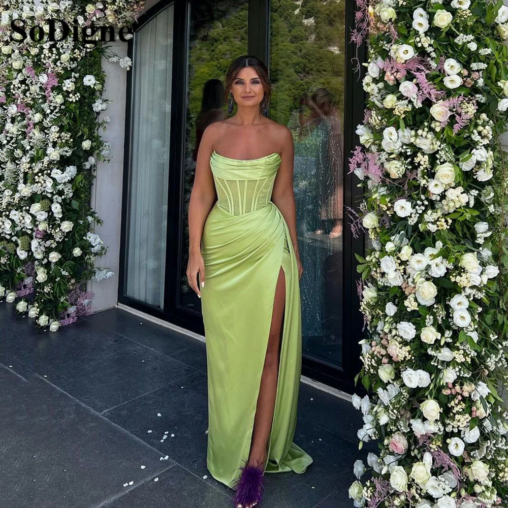 

SoDigne Green Satin Prom Dress Party Evening Elegant Luxury Celebrity Gowns Pleats Corset Formal Dress Side Split Party Gowns