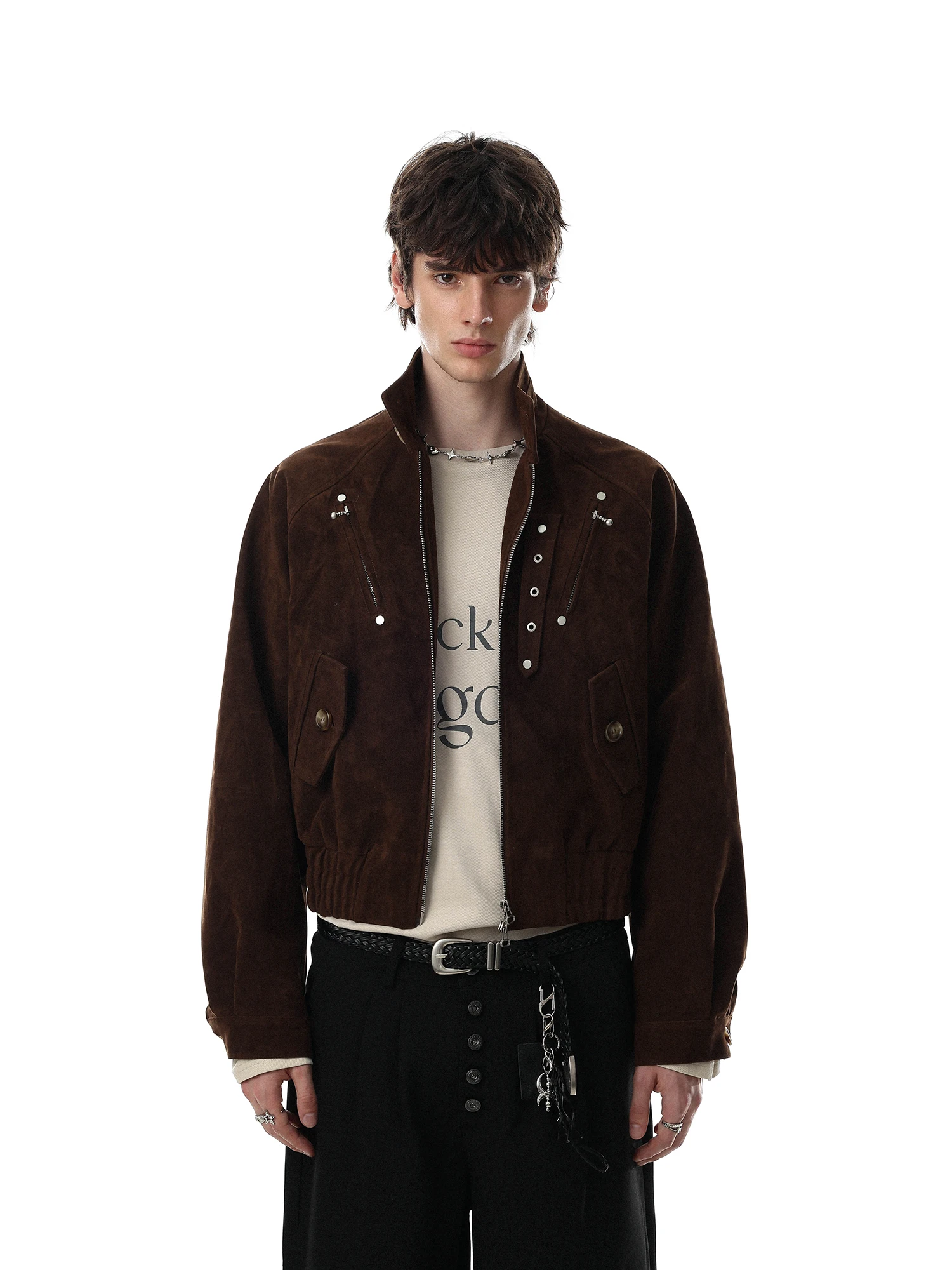 MRNEARLY American Style Suede Jacket Men's Trendy Vintage Rivet Short Male Model Autumn Winter Outerwear Stand Collar