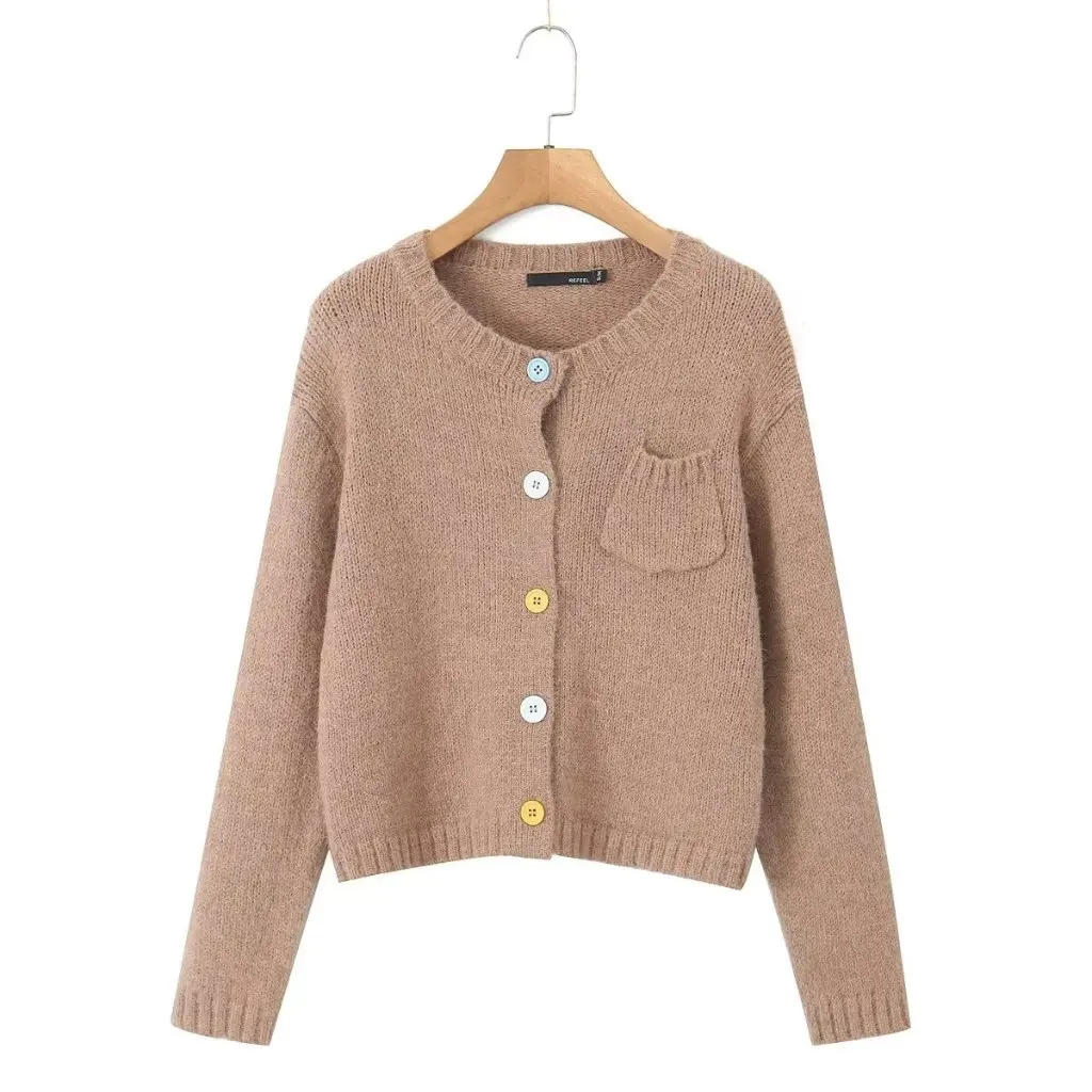 

French Retro Knitted Cardigan Sweater Coat for Women round Neck Single Pocket Buckle Detail Spring Autumn