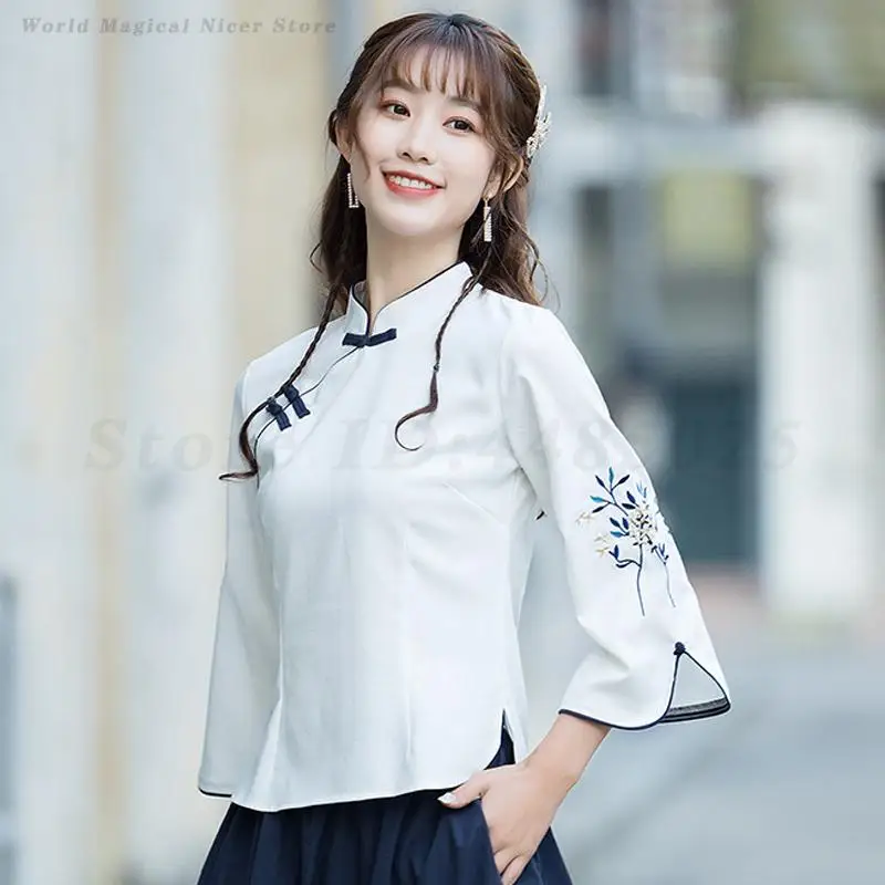 Embroidered Flower Hanfu Chinese Shirt Improved Zen Tea Costume Top Spring Summer New Qipao Blouses Vintage Tang Clothes