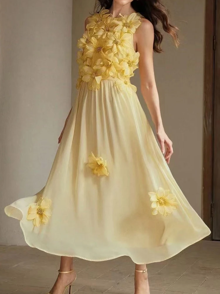 Abito senza maniche in vita floreale tridimensionale di alta qualità da donna estivo nuovo girocollo temperamento grande altalena a vita alta dres