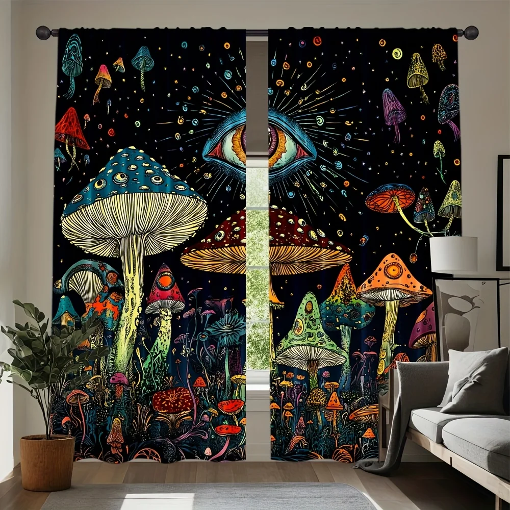 colorful mushroom and cosmic eye curtain for bedroom living room privacy and decor psychedelic art style Simple Installation