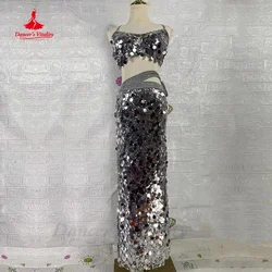 Belly Dance Costume Suit Women Exotic Dancewear Senior Big Sequins Bra Top+split Long Skirt 2pcs Oriental Belly Dancing Outfit