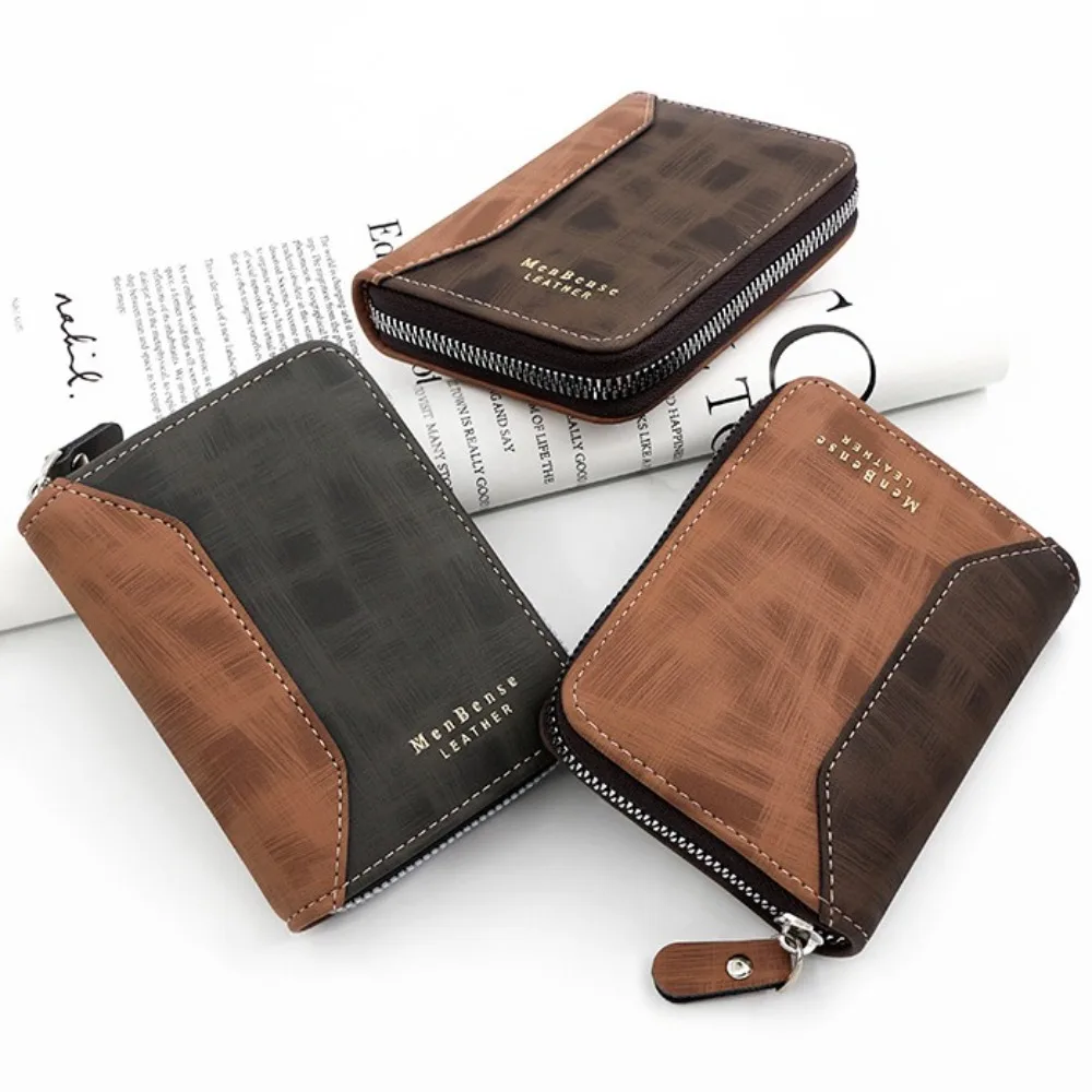 ID Window Case PU Leather Short Zipper Wallet Solid Color Retro Frosted Billfold Holder Waterproof Zipper Men's Coin Purse Work