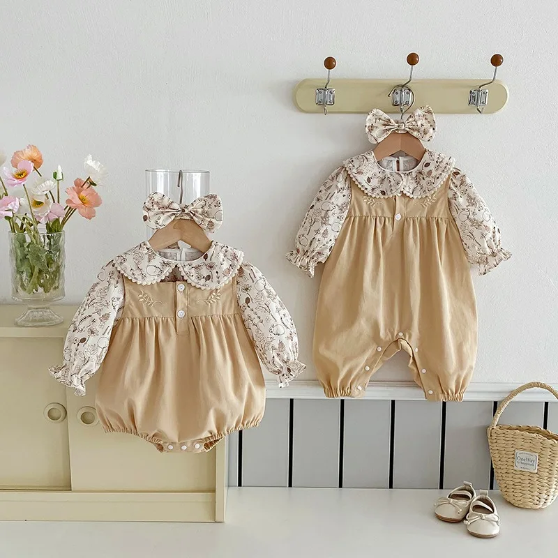 New Spring Autumn Family Matching Outfits Puff Long Sleeve Bodysuit Floral Shirts Princess Romper Twins Sisters Clothing H7753