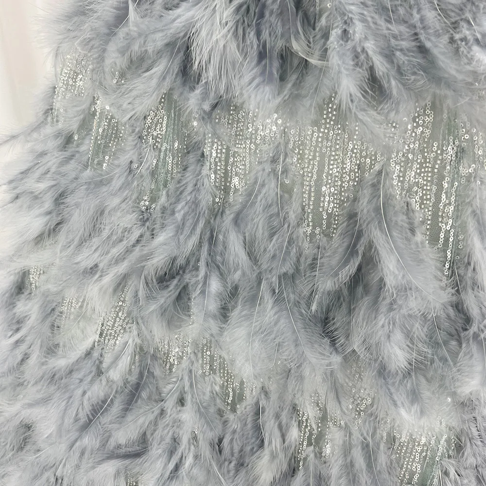 Luxury Silver Gray Crystal Feathers Dubai Evening Dress For Women Wedding Engagement Party Gowns Hx74