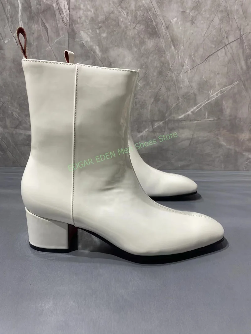 Classic Men White Leather Slip On Ankle Boots Pointed Toe Male Square High Heel Party Wedding Casual High Top Boots Shoes