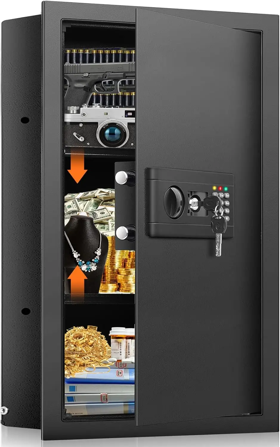 

25.6" Tall Fireproof Wall Safes Between the Studs 16" Centers, Hidden Wall Safe with 2 Removable Shelf & Hidden Tray, Heavy Duty