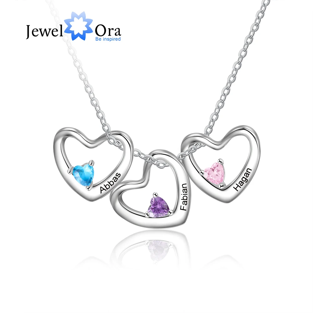 Custom Name Heart Pendant Necklace with 1-3 Birthstone Personalized Engraved Family Name Necklace Wedding Bridesmaid Gifts