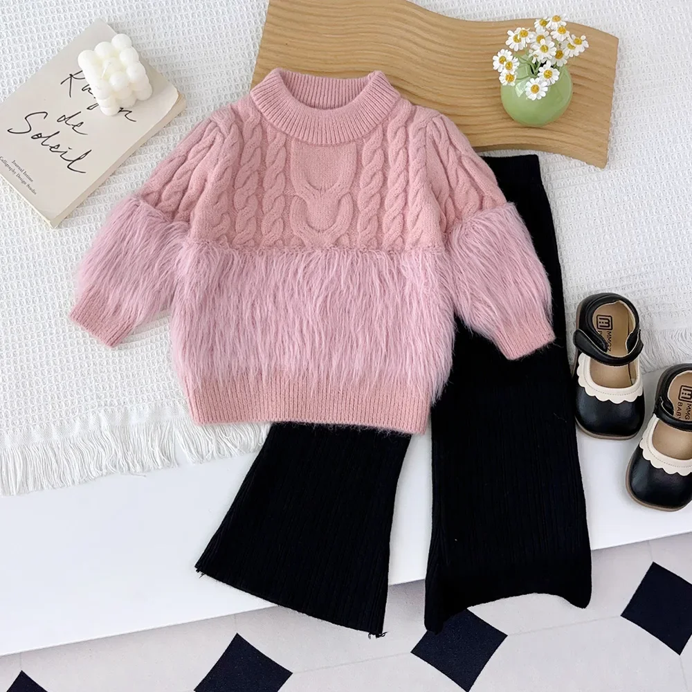 Pink Girl Clothes Plush Knitted Sweater+Pants Suit Fashionable and Elegant Autumn Winter Two-piece Sets Children's Clothing