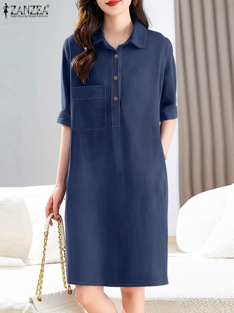 Women Summer Sundress ZANZEA Elegant Shirt Dress Casual Work Knee-length Dresses Stylish Lapel Neck Short Sleeve Button Vestidos