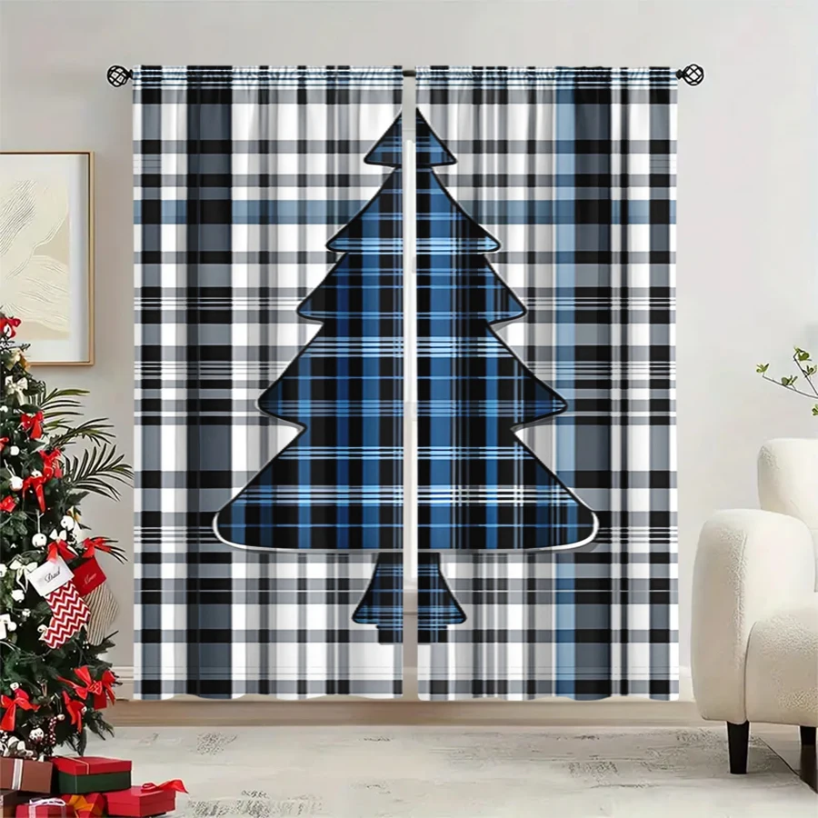 2PCS Christmas Winter Curtains, Blue White Black Plaid Blue Christmas Tree, Digital Print, Bedroom Living Room, Home Decor