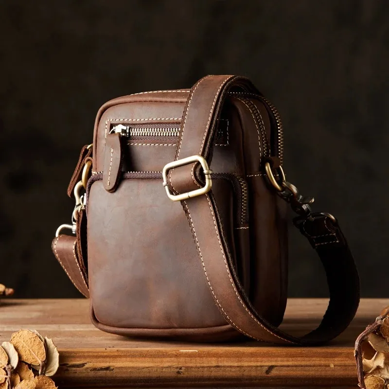 Retro Crazy Horse Leather Men\'s Shoulder Bag Casual Small Cross body Bag Handmade Vintage Genuine Cowhide Leather Messenger Bag