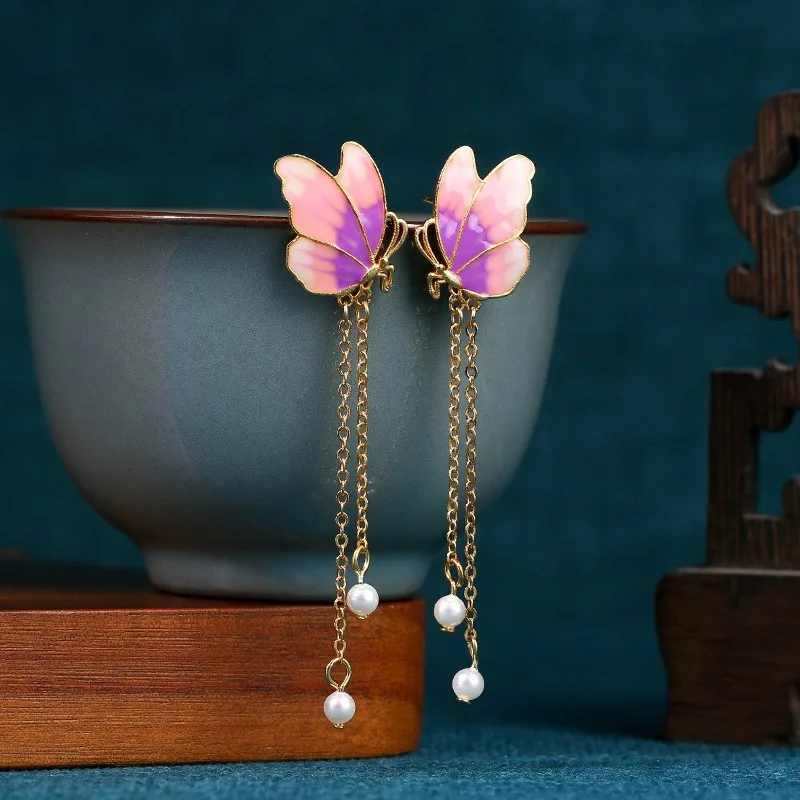 Ethnic Chinese Enamel Butterfly Flower Earrings for Women Retro Design Palace Style Pearl Pendant Luxury Jewelry Fashion Gifts