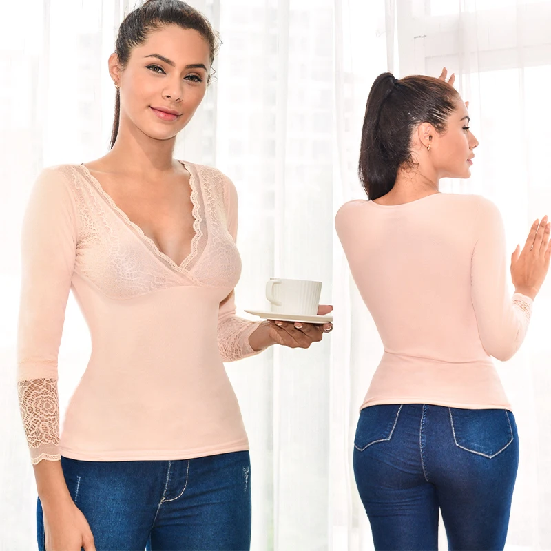 Thermal Underwear Lace V Neck Thermo Lingerie Women Winter Clothing Warm Top Inner Wear Thermal Shirt Undershirt Intimate