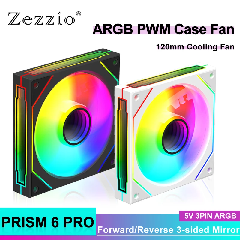 

Корпусный вентилятор Zezzio PRISM 6 PRO 5 В 3-контактный вентилятор ARGB для корпуса 3-стороннее зеркало Infinity Тихий ШИМ Большой объем воздуха Обратный вентилятор охлаждения процессора