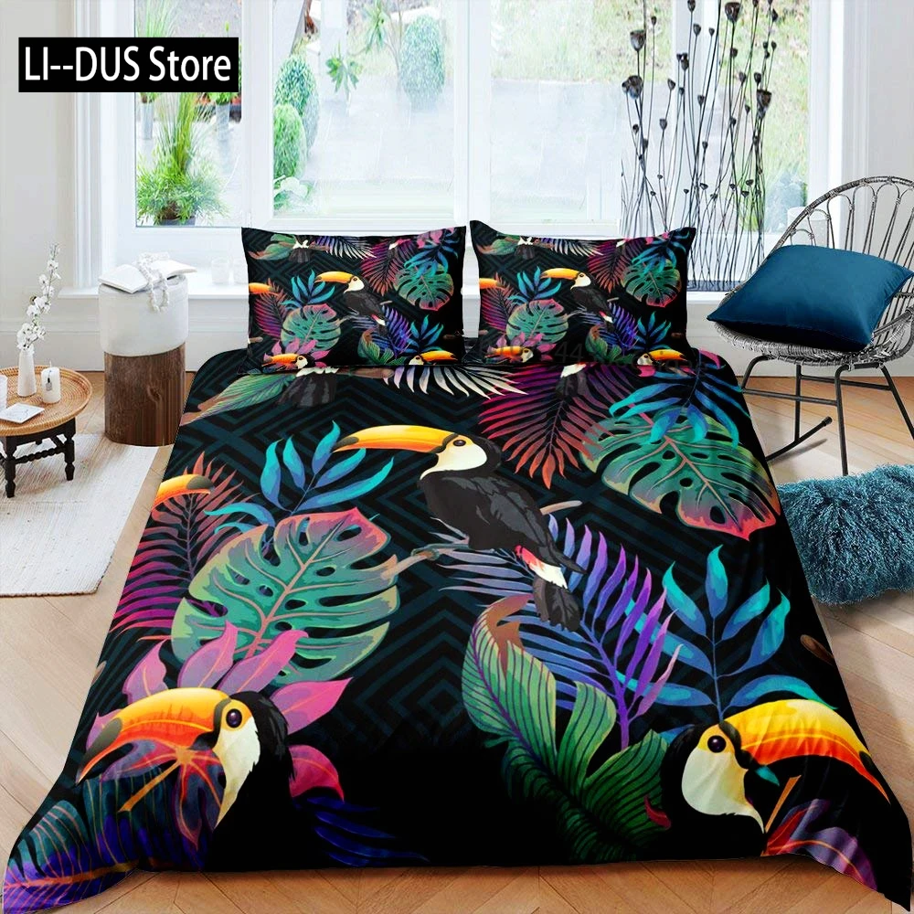 مجموعة غطاء لحاف الببغاوات بالحجم الكامل، طقم مفروشات الببغاوات الملونة 3 قطع لديكور غرفة الأولاد والبنات، غطاء لحاف مع كيس وسادتين #4