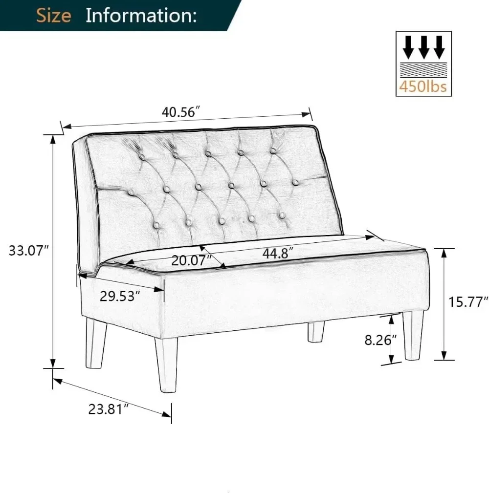 Upholstered Loveseat Bench Couch for Bedroom, Modern Anti Scratch Cushioned Armless Settee Small Love Seat Sofa Faux