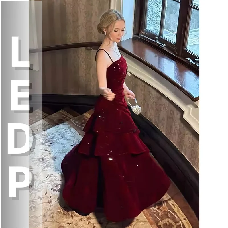 IMU Wine Red Velvet Ball Gown Sparkly Party Tiered Ruffle Camisole Flowy Maxi Long Dress Evening Vintage Women Clothes