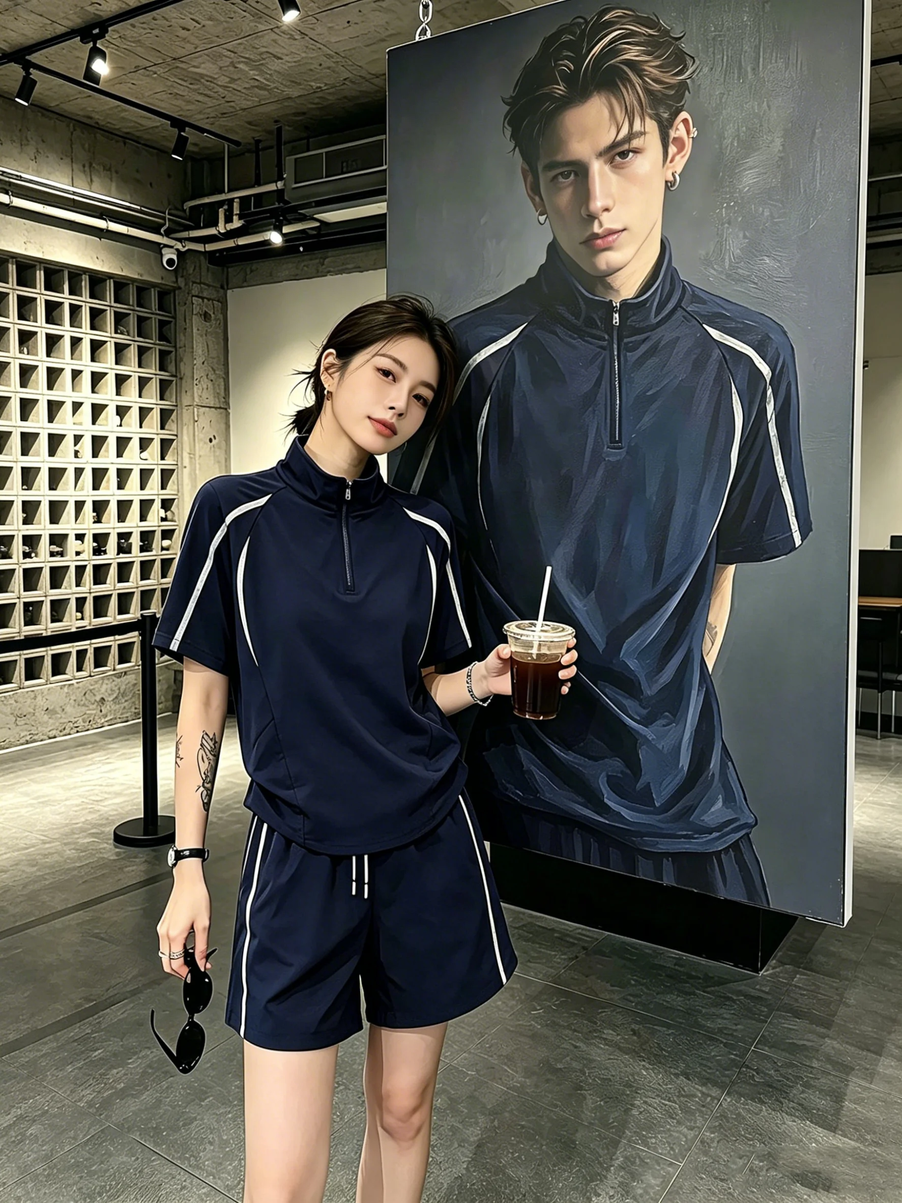 

American Reflective Strip Half Zip Quick Dry Short Sleeve Set Men's Summer High Sensation Casual Sports Shorts One Set