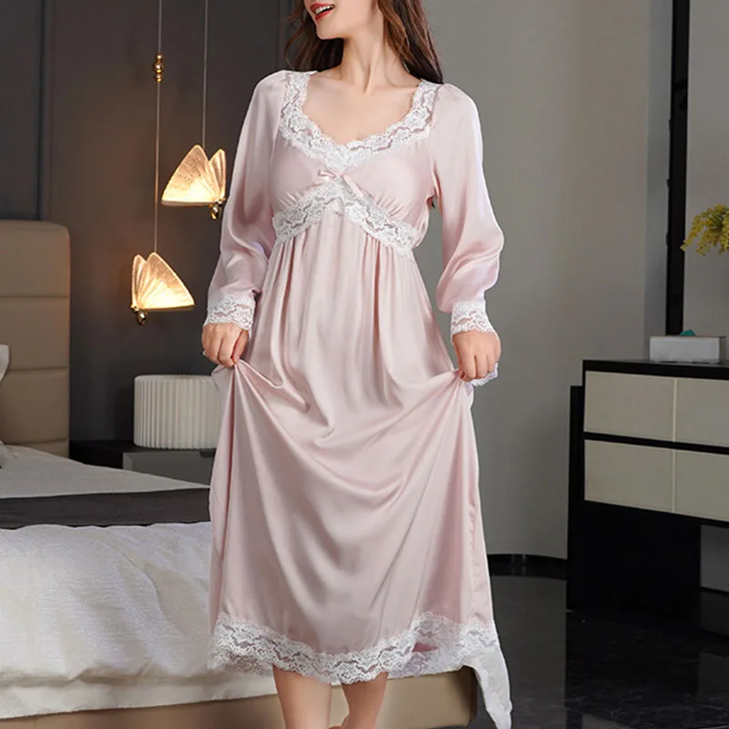 Women's Ice Silk Sleepwear, Elegant Princess Lace Nightdress, Long Sleeve Nightgowns, Casual Home Clothes, Spring, Autumn