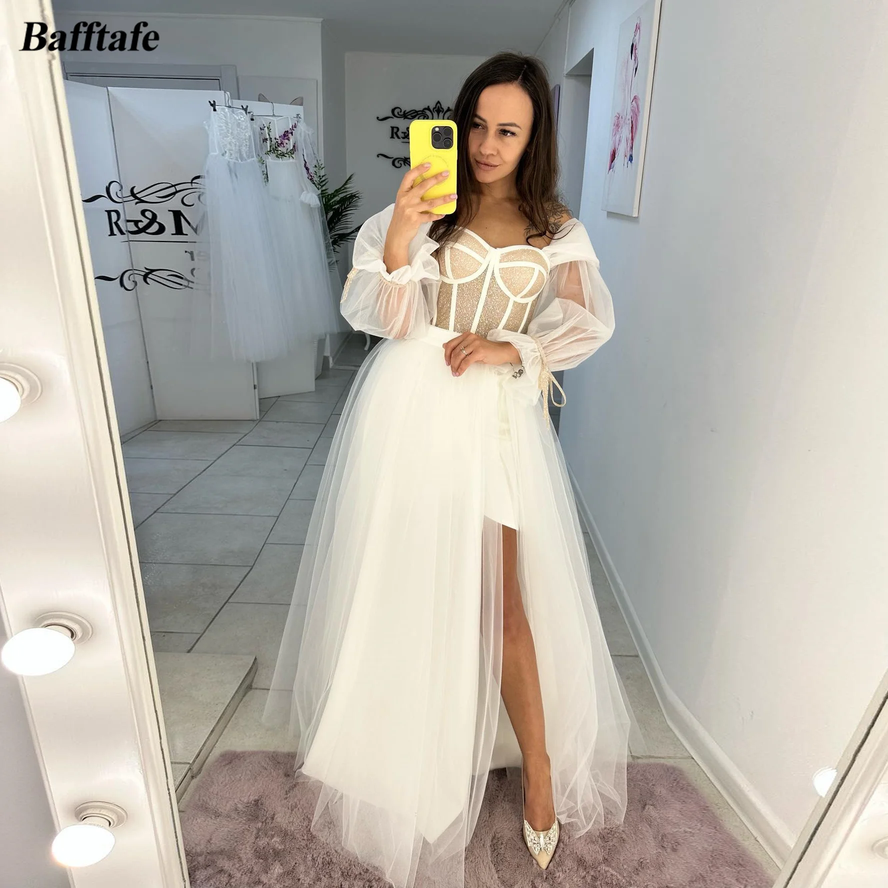 Bafftafe A Line Tulle Puff Long Sleeves Prom Dresses Sweetheart Split Formal Evening Party Gowns Special Occasion Women Dress