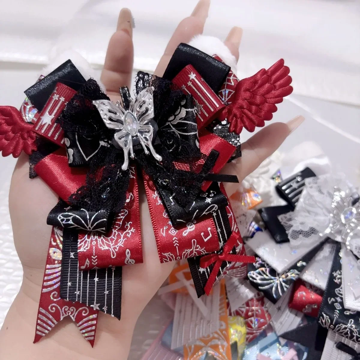 

Pure Handmade Lolita Cat Ear Bowtie Anime Concert Support Stick Bowkont Women's Shirt Collar Flowers High-end Brooch Accessories
